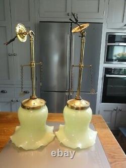Two matching converted Antique brass ceiling lights green glass bell shades