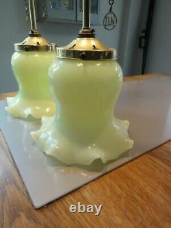 Two matching converted Antique brass ceiling lights green glass bell shades