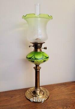 Unique Art Nouveau Oil Lamp Green Opaline Font Stylized Brass Base Duplex