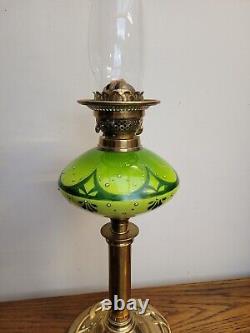 Unique Art Nouveau Oil Lamp Green Opaline Font Stylized Brass Base Duplex