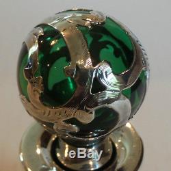 Unusual Antique Art Nouveau Green Glass Scent Bottle. 999 Alvin Silver Overlay