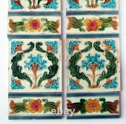 Unusual Antique Set Art Nouveau Fireplace Tiles with Spacers Birmingham 30 x 6