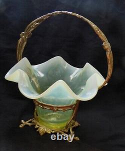 ° Uranium Victorian Vaseline Glass Art Nouveau Bronze Candy Basket IRIS Flowers