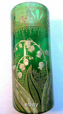 VASE Art Nouveau green enameled glass LEGRAS lily of the valley and golden lace