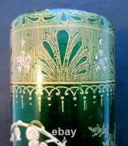 VASE Art Nouveau green enameled glass LEGRAS lily of the valley and golden lace