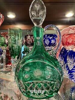 VERY RARE Emerald Green Cut to Clear Etched Intaglio Roses Crystal Decanter