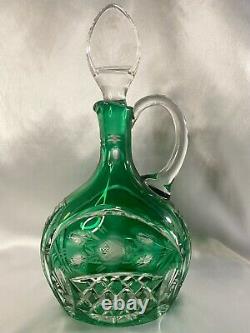 VERY RARE Emerald Green Cut to Clear Etched Intaglio Roses Crystal Decanter