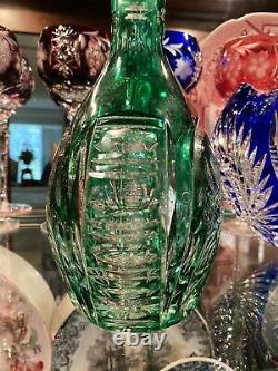 VERY RARE Emerald Green Cut to Clear Etched Intaglio Roses Crystal Decanter