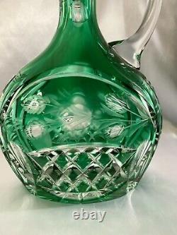 VERY RARE Emerald Green Cut to Clear Etched Intaglio Roses Crystal Decanter