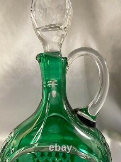 VERY RARE Emerald Green Cut to Clear Etched Intaglio Roses Crystal Decanter