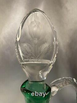 VERY RARE Emerald Green Cut to Clear Etched Intaglio Roses Crystal Decanter