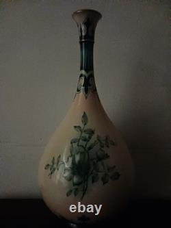 VERY RARE Stunning Green on Cream Hadley Worcester Faience Art Nouveau Vase 1900