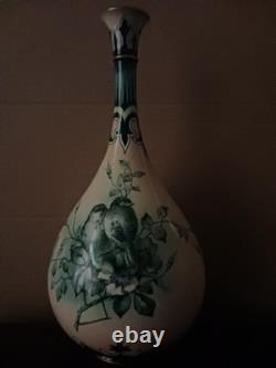 VERY RARE Stunning Green on Cream Hadley Worcester Faience Art Nouveau Vase 1900