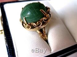 VINTAGE 14K Y/G RING ANCIENT EGYPTIAN REVIVAL with SCARAB of GREEN STONE