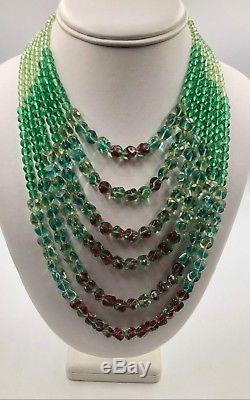 VINTG French Handmade Poured Green Red Givre Art Glass FAB Multistrand Necklace