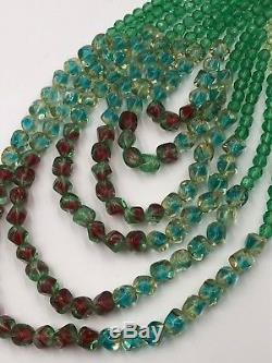 VINTG French Handmade Poured Green Red Givre Art Glass FAB Multistrand Necklace