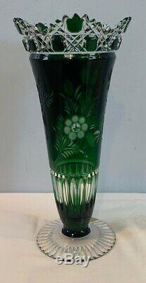 VTG 10 Meissen Cased Crystal Green Cut To Clear Vase Signed by Artist Germany