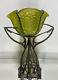 Vtg. Green Iridescent Art Glass Art Nouveau Pewter Stand Bowl