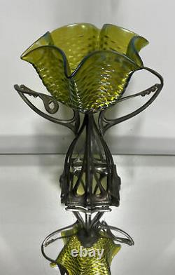 VTG. Green Iridescent Art Glass Art Nouveau Pewter Stand Bowl