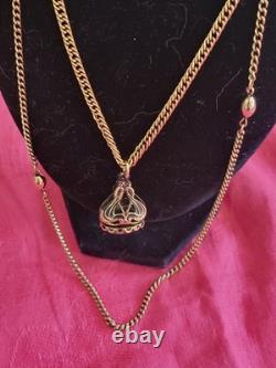 VTG Necklace Art Nouveau Green Stone Watch Fob Pendant Necklace HTF Gold Tone