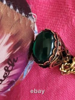 VTG Necklace Art Nouveau Green Stone Watch Fob Pendant Necklace HTF Gold Tone