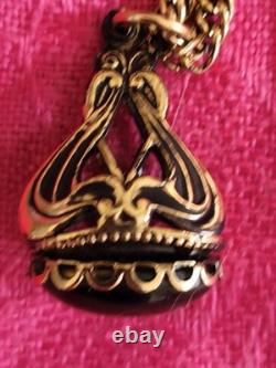 VTG Necklace Art Nouveau Green Stone Watch Fob Pendant Necklace HTF Gold Tone
