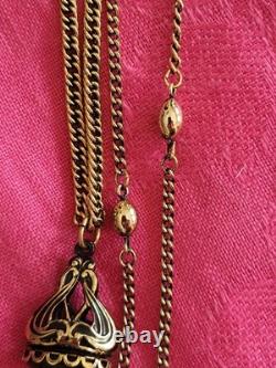 VTG Necklace Art Nouveau Green Stone Watch Fob Pendant Necklace HTF Gold Tone