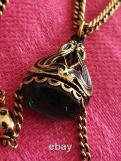 VTG Necklace Art Nouveau Green Stone Watch Fob Pendant Necklace HTF Gold Tone