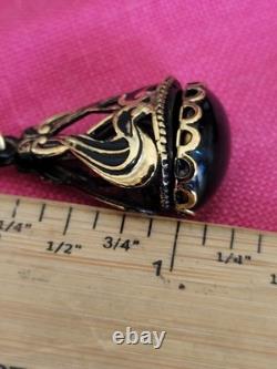 VTG Necklace Art Nouveau Green Stone Watch Fob Pendant Necklace HTF Gold Tone