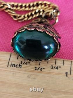 VTG Necklace Art Nouveau Green Stone Watch Fob Pendant Necklace HTF Gold Tone