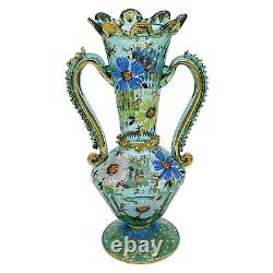 VTG Spanish Moser Blown Glass 13 Amphora Vase Boho Enameled Gold Rigaree Signed