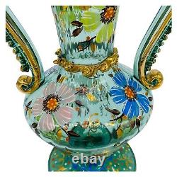 VTG Spanish Moser Blown Glass 13 Amphora Vase Boho Enameled Gold Rigaree Signed