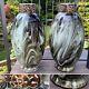 V. Rare 13 Antique C1880 Pair Loetz Green Marbled Onyx Glass Vases Cased Enamel