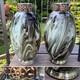 V. Rare 13 Antique C1880 Pair Loetz Green Marbled Onyx Glass Vases Cased Enamel
