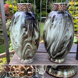 V. RARE 13 Antique C1880 Pair LOETZ Green Marbled ONYX Glass VASES Cased Enamel