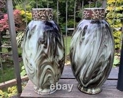 V. RARE 13 Antique C1880 Pair LOETZ Green Marbled ONYX Glass VASES Cased Enamel