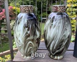 V. RARE 13 Antique C1880 Pair LOETZ Green Marbled ONYX Glass VASES Cased Enamel