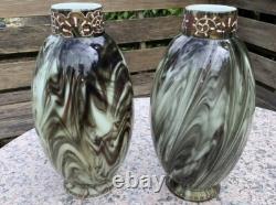 V. RARE 13 Antique C1880 Pair LOETZ Green Marbled ONYX Glass VASES Cased Enamel