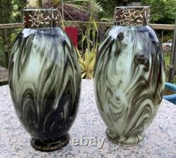 V. RARE 13 Antique C1880 Pair LOETZ Green Marbled ONYX Glass VASES Cased Enamel