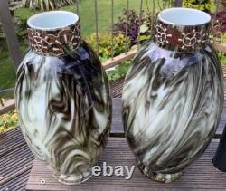 V. RARE 13 Antique C1880 Pair LOETZ Green Marbled ONYX Glass VASES Cased Enamel