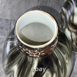 V. RARE 13 Antique C1880 Pair LOETZ Green Marbled ONYX Glass VASES Cased Enamel