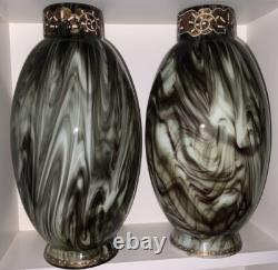 V. RARE 13 Antique C1880 Pair LOETZ Green Marbled ONYX Glass VASES Cased Enamel