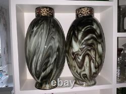 V. RARE 13 Antique C1880 Pair LOETZ Green Marbled ONYX Glass VASES Cased Enamel