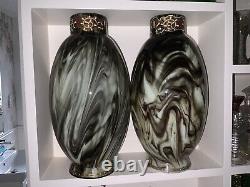 V. RARE 13 Antique C1880 Pair LOETZ Green Marbled ONYX Glass VASES Cased Enamel