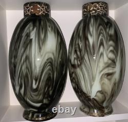 V. RARE 13 Antique C1880 Pair LOETZ Green Marbled ONYX Glass VASES Cased Enamel
