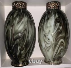 V. RARE 13 Antique C1880 Pair LOETZ Green Marbled ONYX Glass VASES Cased Enamel