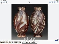 V. RARE 13 Antique C1880 Pair LOETZ Green Marbled ONYX Glass VASES Cased Enamel
