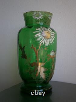 Vase 1900 Enamelled Glass St Legras Floral Decor Art Nouveau Green Antique