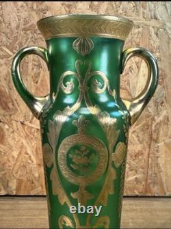 Vase Antique Glass Enamelled Green & Gold Art Nouveau, Bohemia, Pattern Floral