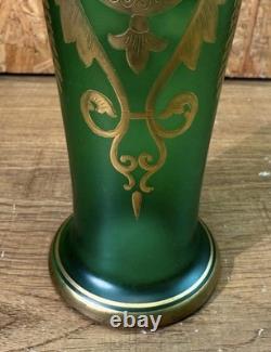 Vase Antique Glass Enamelled Green & Gold Art Nouveau, Bohemia, Pattern Floral